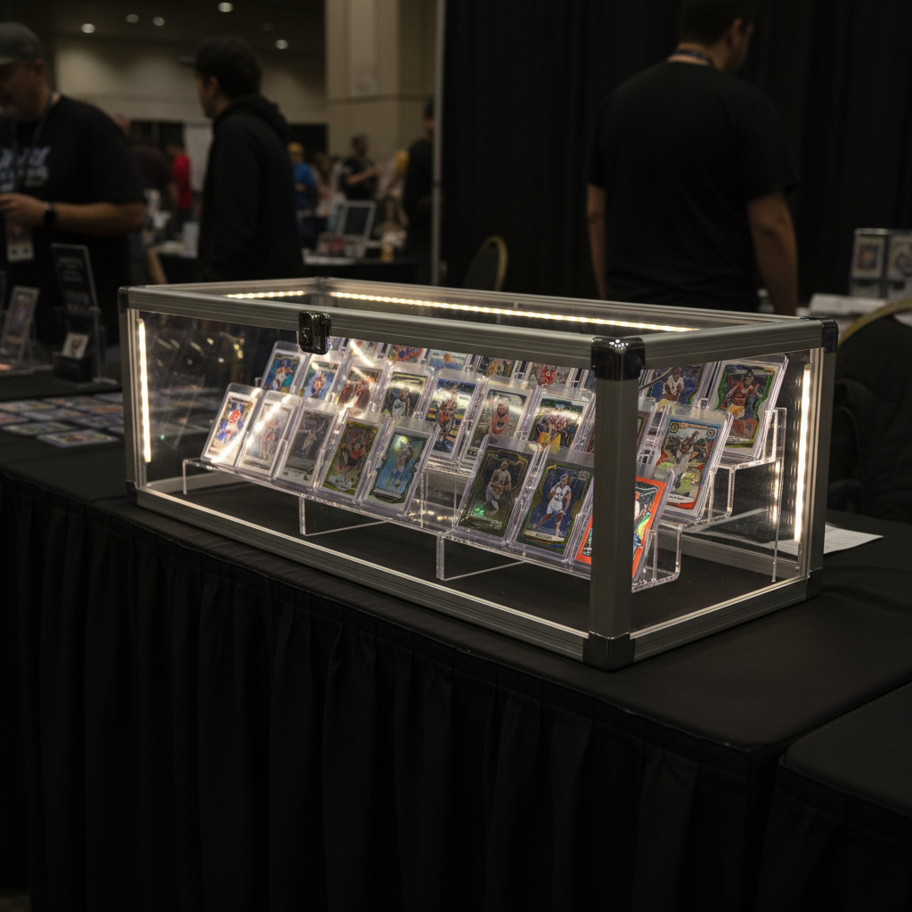 A dramatic showcase of a premium sports card display case at a card show, featuring a lockable, brushed aluminum and glass case sitting on a black-draped table. Inside, rows of high-value graded cards are arranged on tiered acrylic risers, each illuminated by subtle LED strip lighting built into the case edges, creating delicate rim highlights on the plastic slabs and catching the metallic foils on the card designs. The surrounding convention hall is kept intentionally dark and softly blurred, directing full attention to the glowing centerpiece. Photographic realism, shot from a slightly low, three-quarter angle to emphasize depth and security, with a polished, high-end mood that underscores exclusivity and professional presentation.