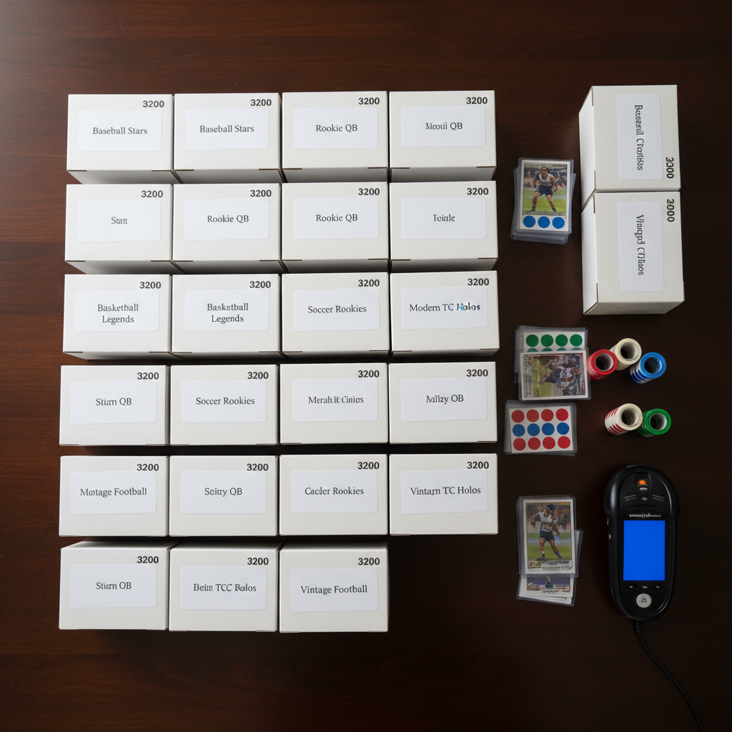 A tight, overhead shot of a vendor preparation area at a card show, with neatly labeled 3200-count white card storage boxes arranged in a precise grid on a smooth, dark wood table. Each box lid is marked with clean, legible category labels like “Baseball Stars,” “Rookie QB,” and “Modern TCG Holos.” A few card stacks in penny sleeves lie beside color-coded price stickers and a sleek black handheld barcode scanner. Soft, diffuse indoor lighting eliminates harsh shadows, giving a clean, organized feel. Photographic realism, with a top-down composition and sharp focus, creating a professional, methodical atmosphere that emphasizes structure, inventory management, and readiness for a well-run card show.