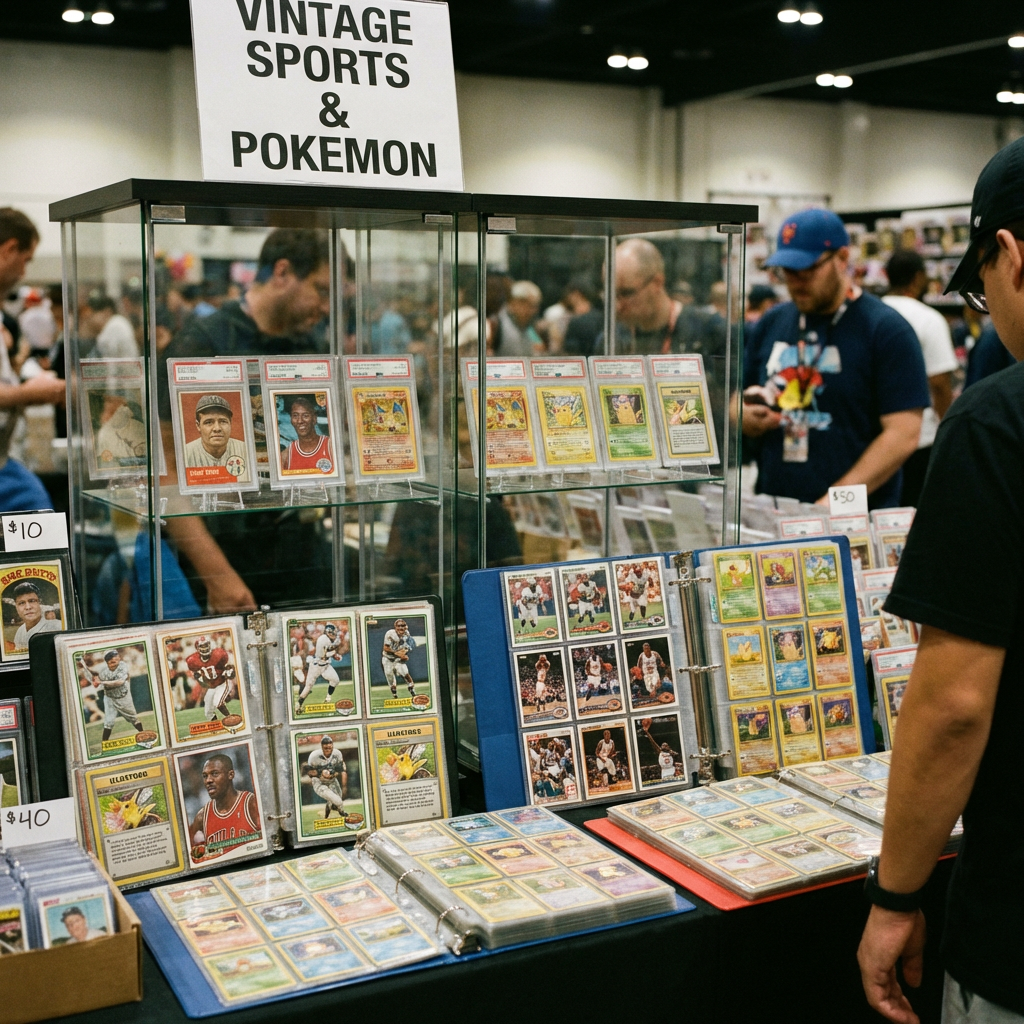 Convention display of vintage sports and Pokémon cards in glass cases and open binders.