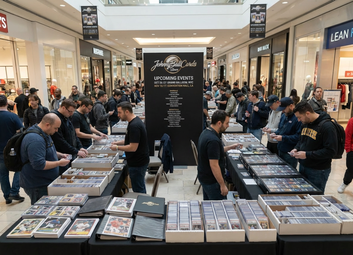 Collectors browse through sports trading cards at a Johnny Ball Cards show in a mall.
